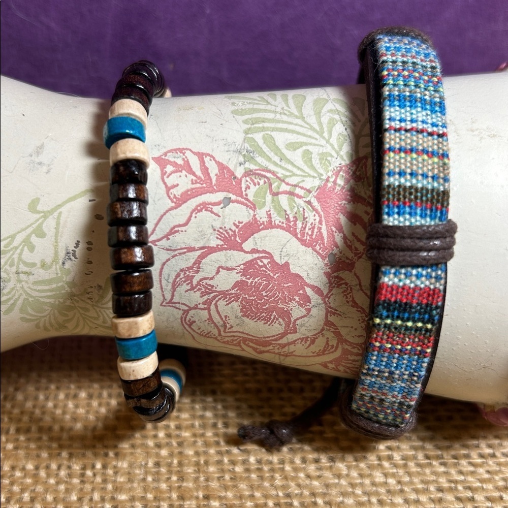 Wood Bead Bracelet and Braided Leather Bracelet with Colorful Design Bundle (F)